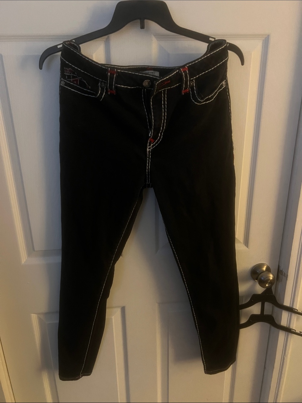 True Religion Black Skinny Jeans with White Stitching and Red Accents